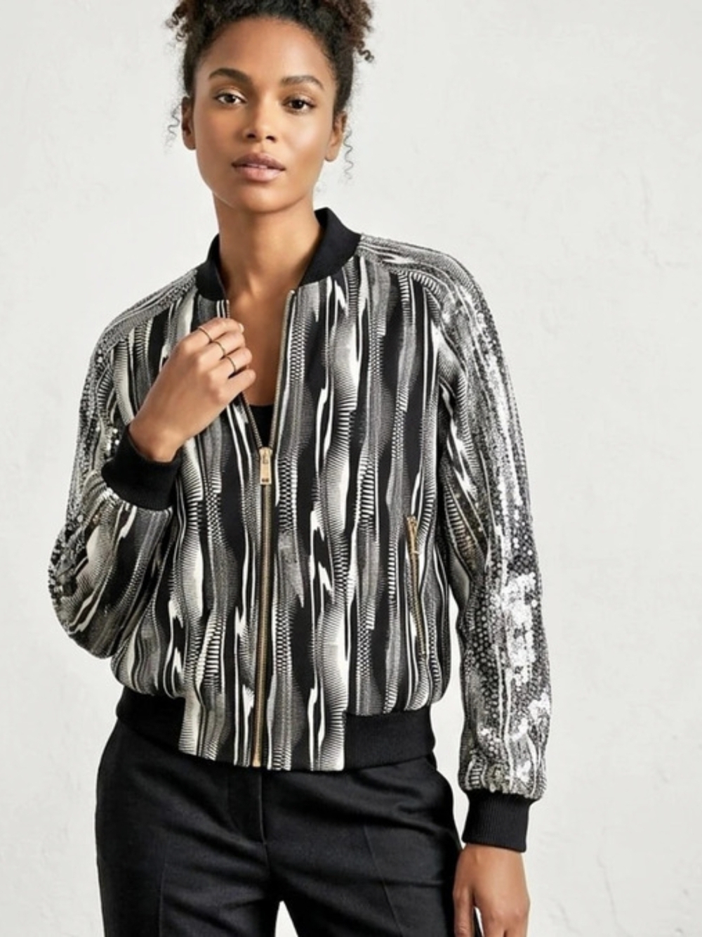 X BY GOTTEXSequin Abstract Bomber Jacket in Black & White Size Small